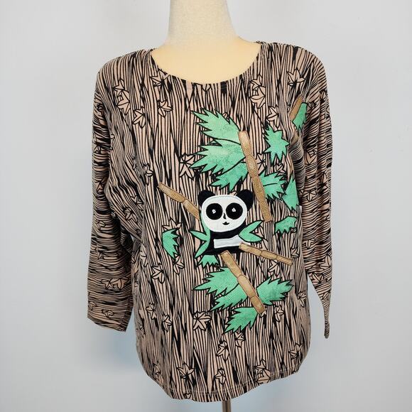 Vintage 80s Spree Panda Bear 3D Sweatshirt Size M Beaded Striped Art To Wear Zoo - Picture 1 of 16